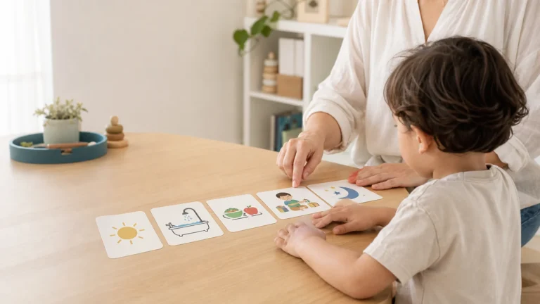 Criança e adulta organizando cartões de uma rotina visual infantil sobre uma mesa.